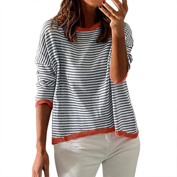 oqasdz Women Sweaters Lightweight Cotton Sweaters Long Sleeve Crew Neck Block Striped Knitted Pullover Tops Casual Versatile