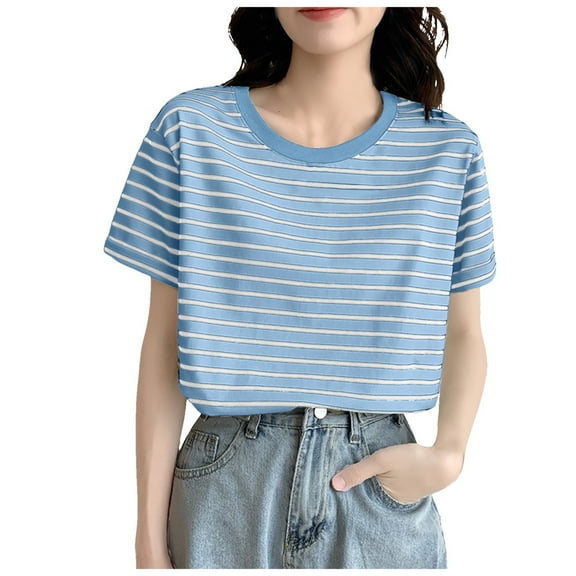 oqasdz Women Sweaters Short Sleeves Striped Summer Thermal Underwear Crew Neck Thin Breathable Pullover T Shirt Casual Versatile