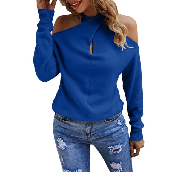 oqasdz Women Sweaters Solid Color Off Shoulder Tops Crossed V Neck Long Sleeve Crop Halter Pullover Sweaters Fashion Casual Comfort Soft