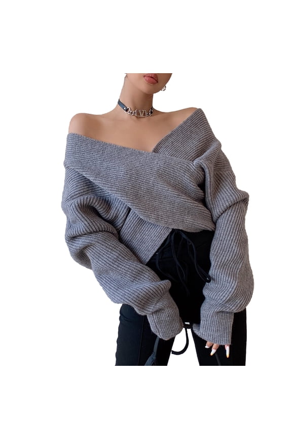 Women Sweaters Wrap V Neck Cropped Sweaters Fall Long Sleeve Front Off Shoulder Solid Color Knitted Pullover Tops Casual Cozy Daily Wear