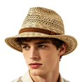 thumbnail image 1 of oqasdz Women Woven Straw Fedora Hat Hollow Breathable Wide Brim Sun Hat Leather Band with Buckle Decor Summer Beach Vacation Outdoor Headwear, 1 of 7