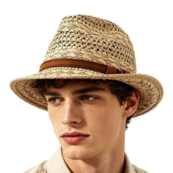 oqasdz Women Woven Straw Fedora Hat Hollow Breathable Wide Brim Sun Hat Leather Band with Buckle Decor Summer Beach Vacation Outdoor Headwear