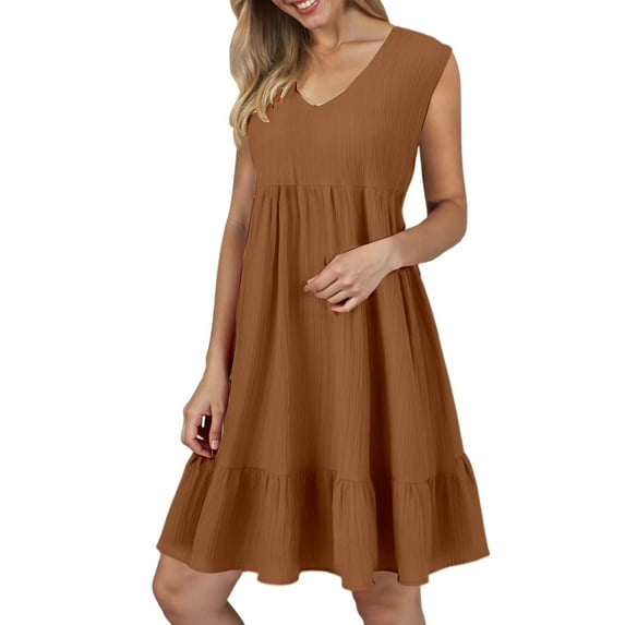 oqasdz Women's Casual Dress Sleeveless V Neck Flowy Ruffles Solid Color T Shirt Dress Lightweight Comfort Loose Summer Dress, 2X