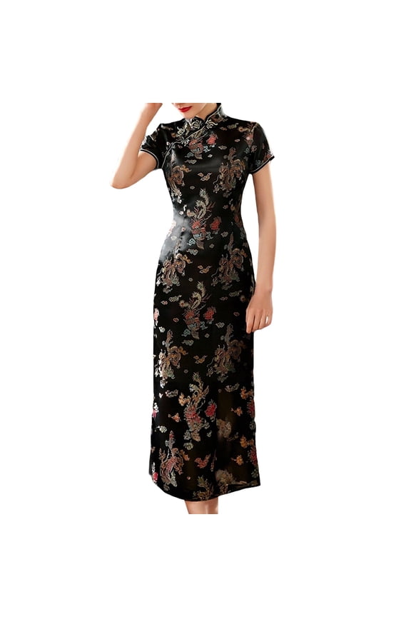 Women's Dresses Fall Winter Retro Floral Printed Short Sleeve Satin Cheongsam Dress Bodycon Festival Cozy Soft Casual Outdoor