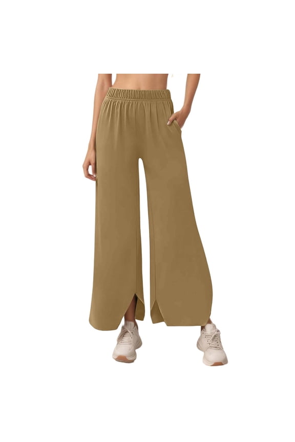 Women's Effortless Wide Leg Casual Pants for with Front Slits Minimalist Everyday Trousers for Work and Leisure Stretch Streetwear