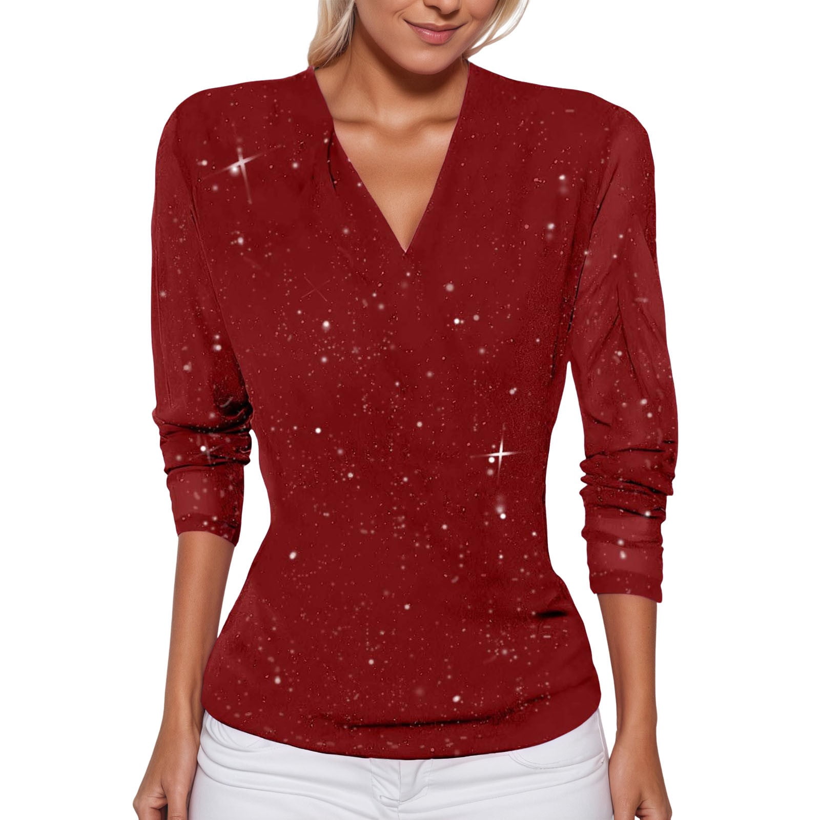 oqasdz Women's Elegant V Neck Sheer Mesh with Gold Front Buttonless ...