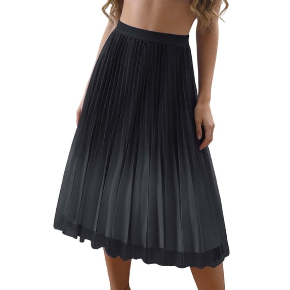 oqasdz Women's Gradient Color Elasitc Waistband Mesh Skirt Covering Slim Sparkly Pleated High Waist Party Outdoor Fashion Midi Skirt