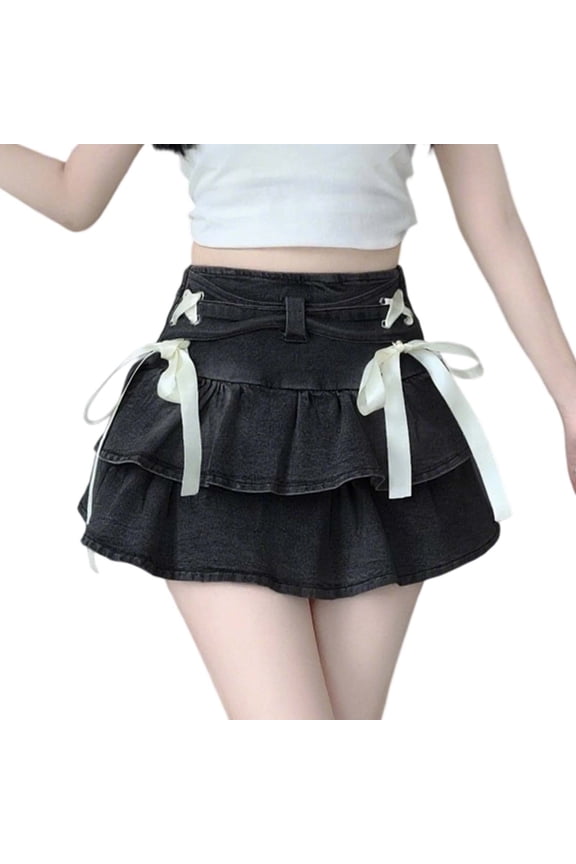 Women's Stretchy Denim Tiered Ruffles Skirt Fashionable High Waist A Line Flared Midi Skirt with Elastic Waistband Casual Outfits