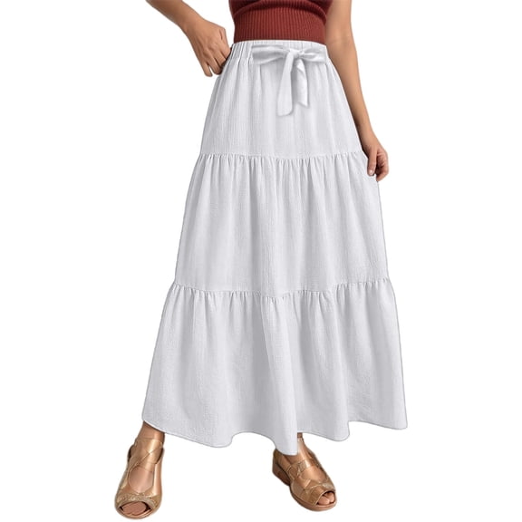oqasdz Women's Summer Linen Solid Color A Line Wrap Skirt with Drawstring Flowy Boho Ruffle High Waist Beach Fashion Outdoor Long Skirt