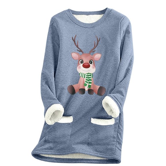 oqasdz Women's Sweaters Christmas Long Sleeved Crew Neck Thermal Underwear with Pocket Padded Pullover Sweaters Casual Loose Fit