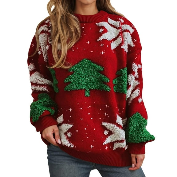 oqasdz Women's Sweaters Christmas Oversized Crewneck Knit Long Sleeve Xmas Embroidered Pullover Sweaters Fashion Fall Winter Casual Daily Wear