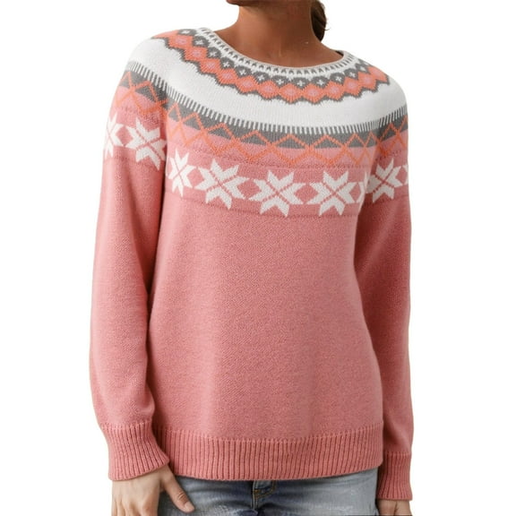 oqasdz Women's Sweaters Fair Isle Knitted Sweaters Long Sleeve Boat Neck Retro Lightweight Pullover Top Fall Winter Casual Loose Fit
