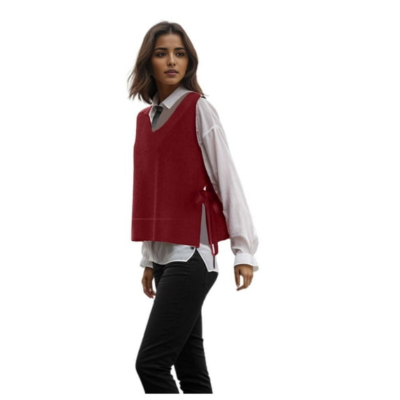 oqasdz Women's Sweaters Knitted Tie Waist Vest V Neck Sleeveless Thin Drawstring Sweater Top for Fall Outdoor Casual Loose Fit