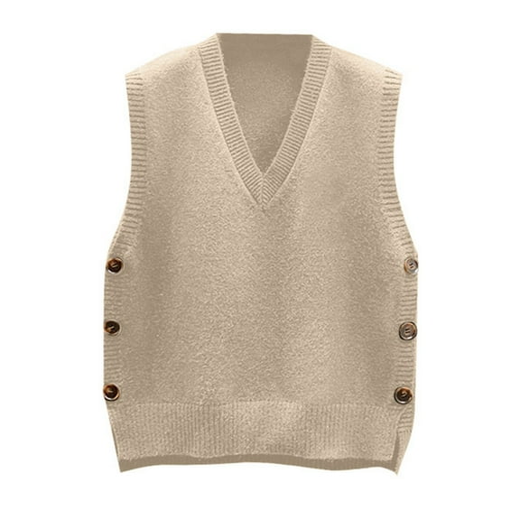 oqasdz Women's Sweaters Lined Deep V Neck Sleeveless Solid Color Button Side Fashion Thermal Underwear Sweaters Vest Casual Relaxed Fit