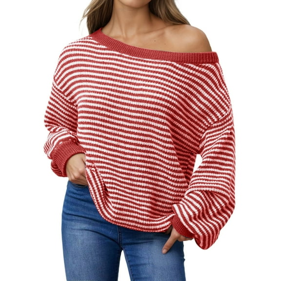 oqasdz Women's Sweaters Oversized Striped Off Shoulder Knit Crewneck Long Sleeve Tunic Pullover Sweater Fall Winter Casual Cozy Daily Wear