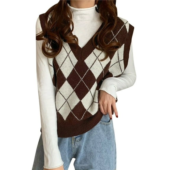 oqasdz Women's Sweaters Plaid Sleeveless V Neck Knitted Crop Top Sweater Vest Classic Fashion Streetwear Casual Loose Fit