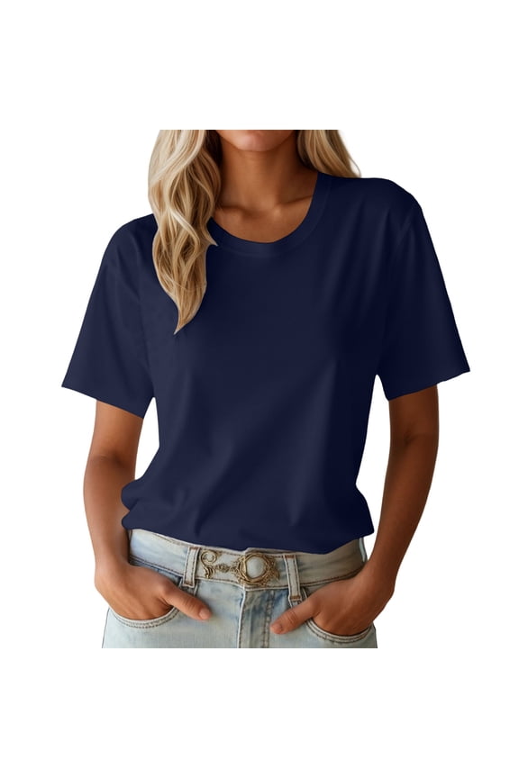 Women's T Shirts Classic Style Short Sleeve Round Neck Solid Color Basic Top for Casual Soft Breathable Versatile Tee T-Shirts,Navy,S
