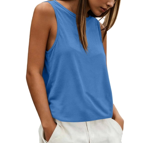 oqasdz Women's T Shirts Crew Neck Solid Color Sleeveless Soft Tank Blouse with Hollow Detail for Ladies Daily Wear Casual Summer T-Shirt