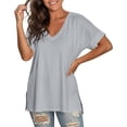 thumbnail image 1 of oqasdz Women's T Shirts V Neck Short Sleeve Solid Color Side Slit Loose Soft Breathable Tee Top for Daily Homewear Casual Summer Tshirt, 1 of 7