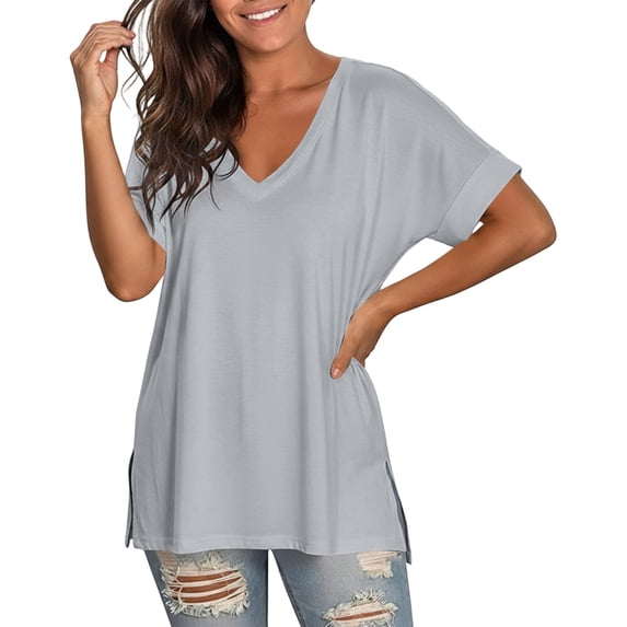 oqasdz Women's T Shirts V Neck Short Sleeve Solid Color Side Slit Loose Soft Breathable Tee Top for Daily Homewear Casual Summer Tshirt