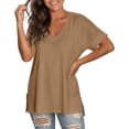 thumbnail image 1 of oqasdz Women's T Shirts V Neck Short Sleeve Solid Color Side Slit Loose Soft Breathable Tee Top for Daily Homewear Summer Outdoor T-Shirt, 1 of 7