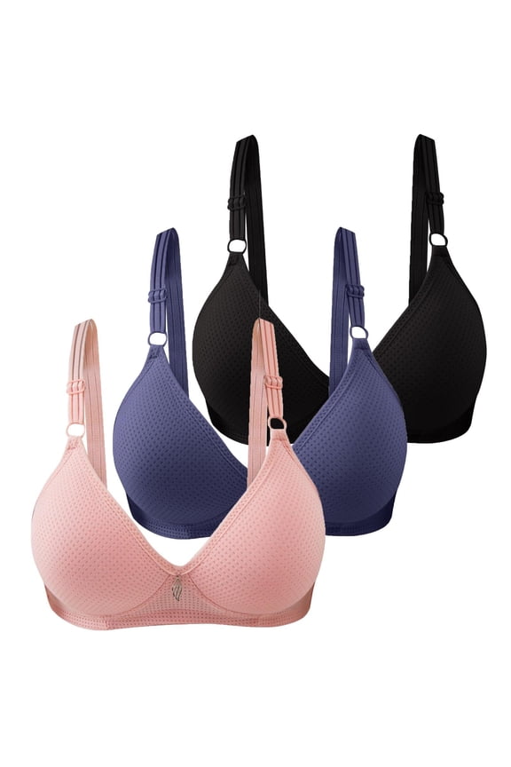 Womens Bras 3PCS Solid Color Gathering Breathable Side Fold Adjustable Shoulder Strap Large Bra