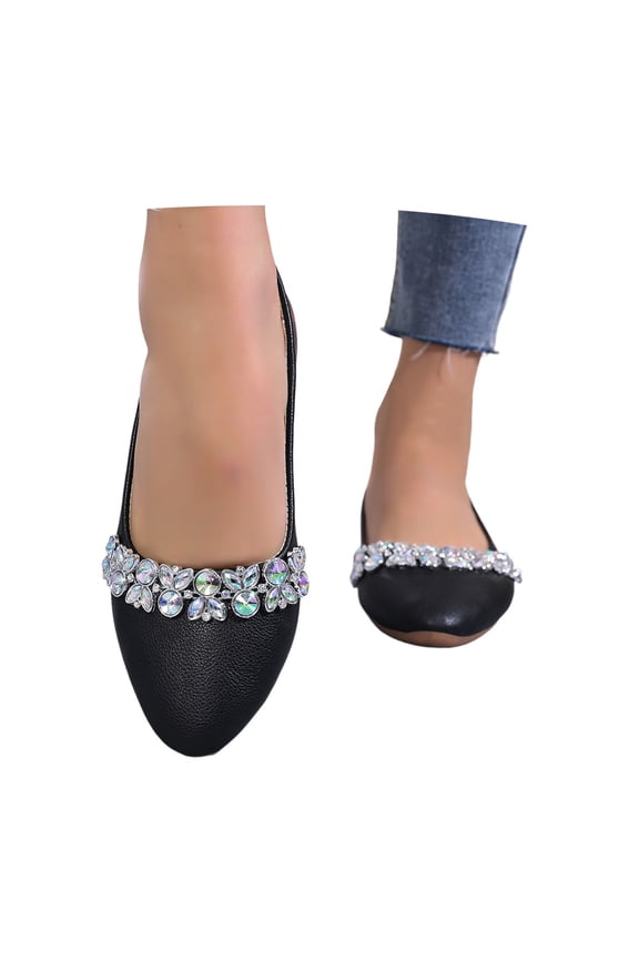 Womens Casual Shoes Rhinestone Pointed Flat Dressy Shoes Comfort Slip On Low Heel Party Evening Wedding Solid Color Ballet Shoes Outdoor Summer