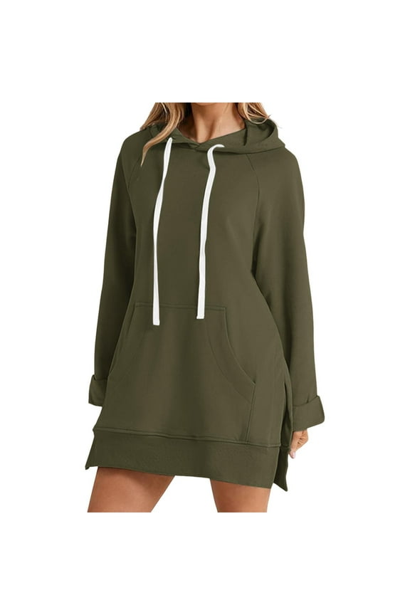 Womens Dresses Long Sleeve Solid Color Front Pocket Drawstring Mini Hooded Dress Sports Loose Versatile Stylish Dailywear