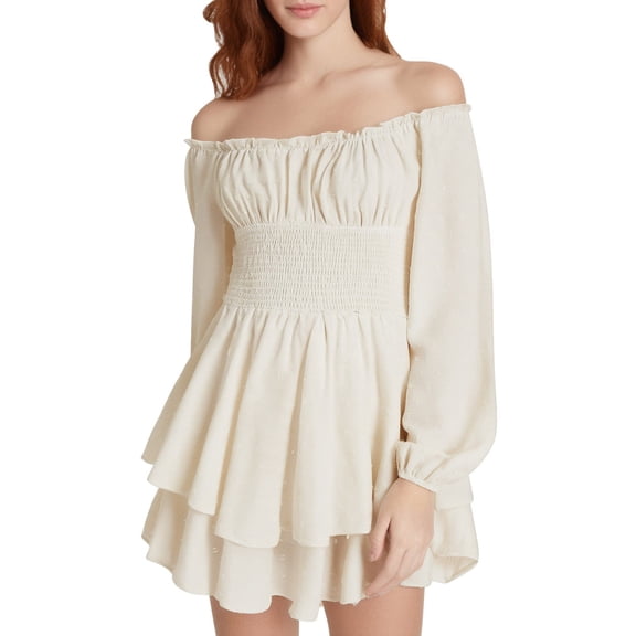 oqasdz Womens Dresses Ruffled Double Layered Chiffon Culottes Crew Neck Off Shoulder Swing Mini Dress Flowy Comfort Party Gown Wedding Dress