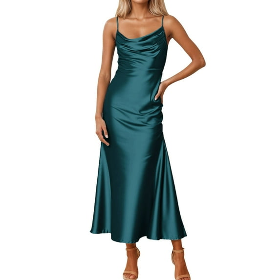 oqasdz Womens Dresses Sleeveless Backless Maxi Wedding Guest Dress Silk Open Back Tie Back Solid Color Prom Formal Dress