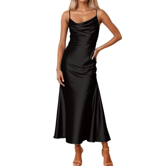 oqasdz Womens Dresses Sleeveless Backless Maxi Wedding Guest Dress Silk Open Back Tie Back Solid Color Prom Formal Dress