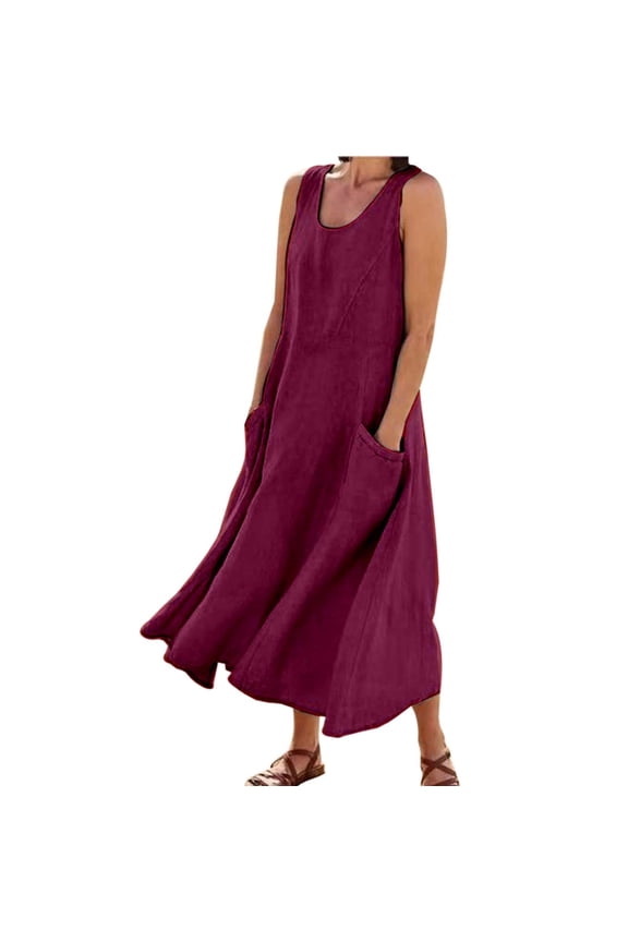 Womens Dresses Solid Color V Neck Linen Round Neck Sleeveless Casual Long Vest Maxi Dress with Pocket,2X