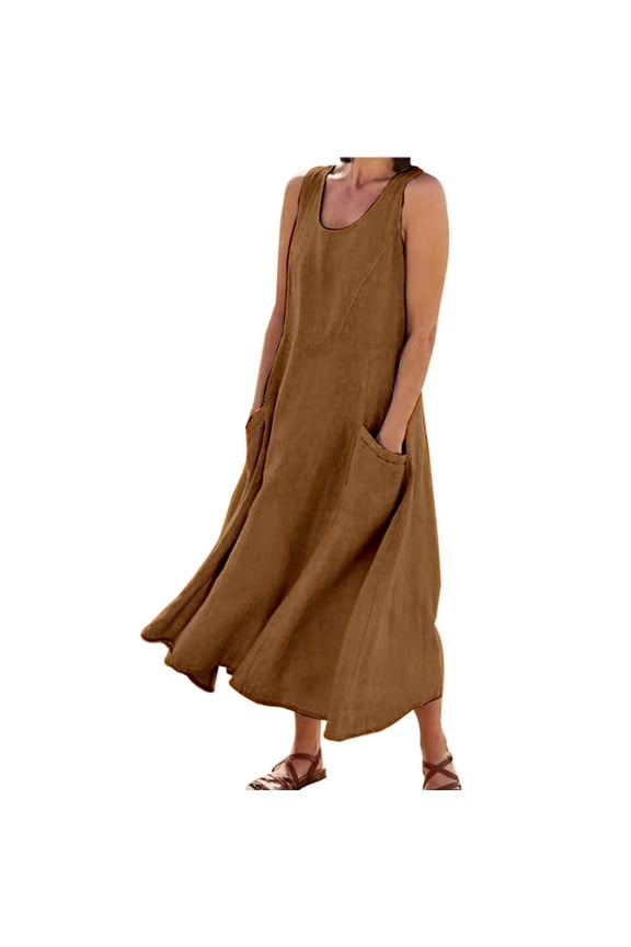 Womens Dresses Solid Color V Neck Linen Round Neck Sleeveless Casual Long Vest Maxi Dress with Pocket,2X