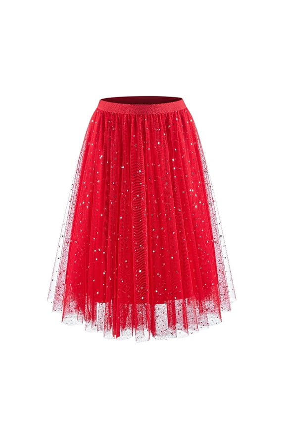 Womens Elegant Midi High Waist Flowy Layered A Line Mesh Skirt Solid Color Versatile Daily Wear Chiffon Party Evening Attire