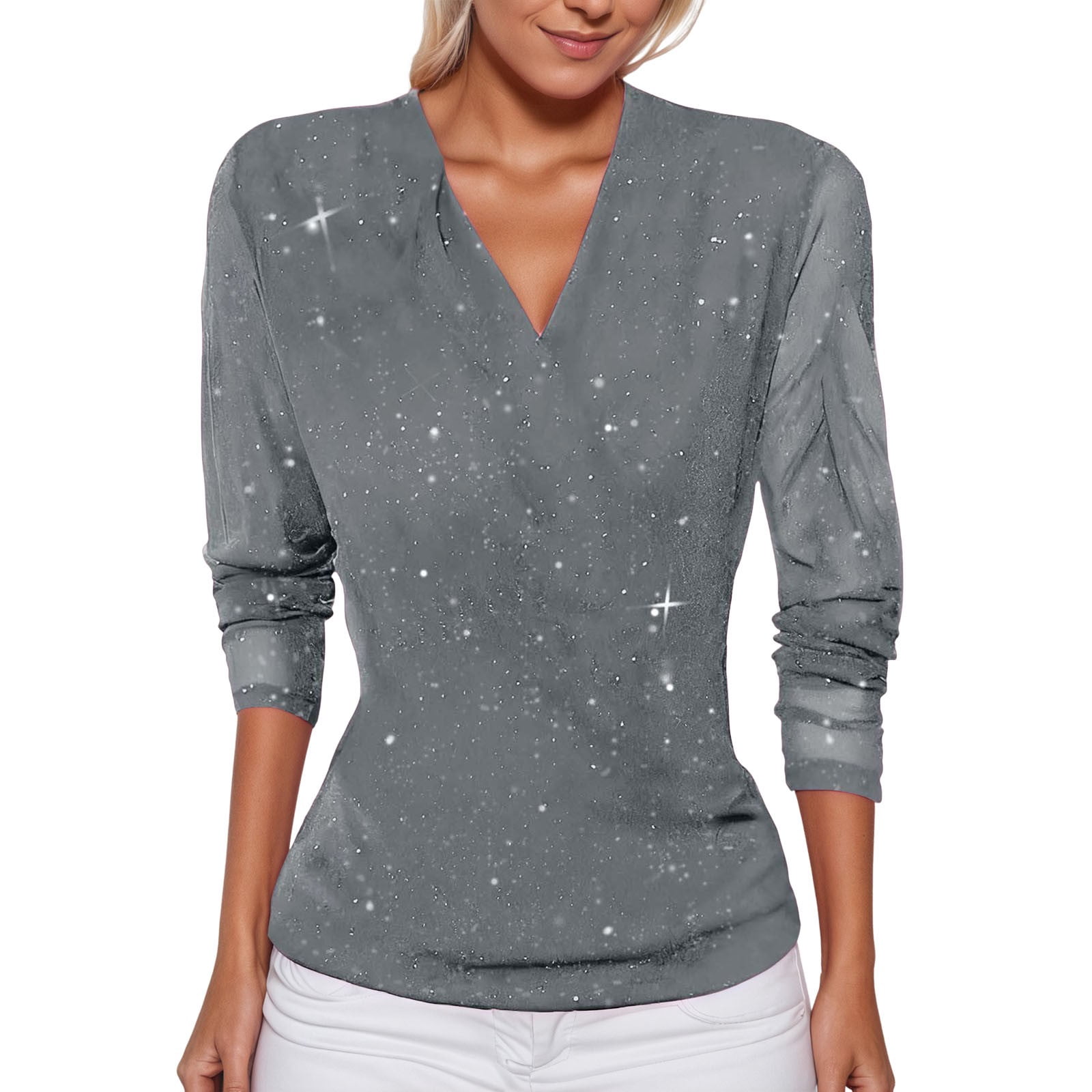 oqasdz Womens Elegant V Neck Sheer Mesh with Gold Front Buttonless ...