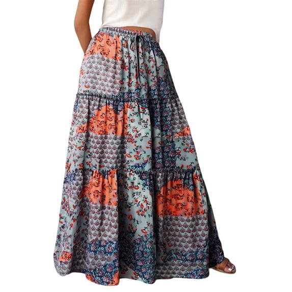 oqasdz Womens Floral Print Boho Maxi Skirt Elastic High Waist Pleated Ruffle Flowy Long Skirts Summer Beach Casual Outdoor Fashion Streetwear