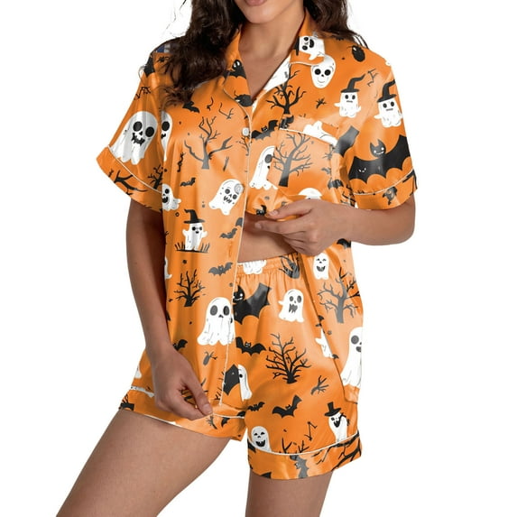 oqasdz Womens Halloween Pajamas Ghost Pumpkin Printed Silk Short Sleeve Button Down 2 Piece Loungewear Set Sleepwear, L