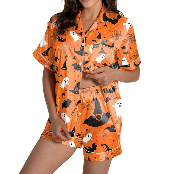 oqasdz Womens Halloween Pajamas Ghost Pumpkin Printed Silk Short Sleeve Button Down 2 Piece Loungewear Set Sleepwear, L