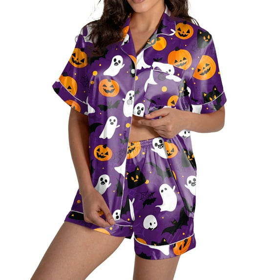 oqasdz Womens Halloween Pajamas Ghost Pumpkin Printed Silk Short Sleeve Button Down 2 Piece Loungewear Set Sleepwear, L