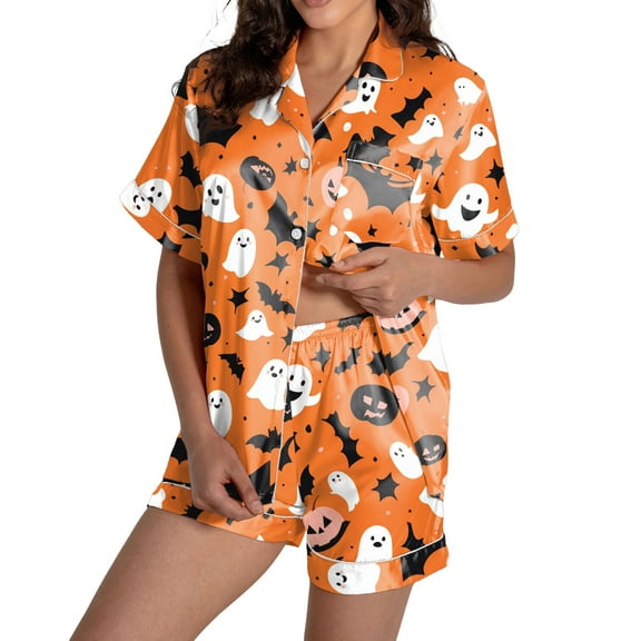 oqasdz Womens Halloween Pajamas Ghost Pumpkin Printed Silk Short Sleeve Button Down 2 Piece Loungewear Set Sleepwear, L