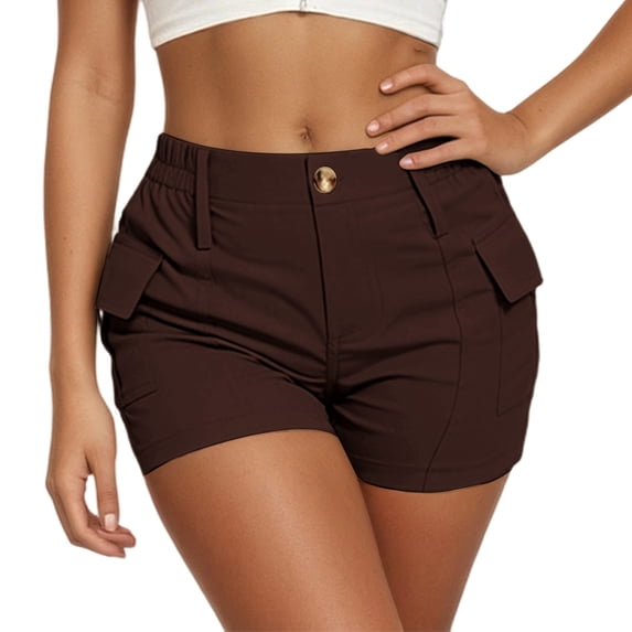 oqasdz Womens High Waisted Cargo Shorts Button Closure Solid Color Casual Shorts with Stretchy Fit and Functional Side Pockets