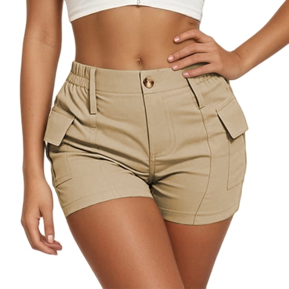 oqasdz Womens High Waisted Cargo Shorts Button Closure Solid Color Casual Shorts with Stretchy Fit and Functional Side Pockets