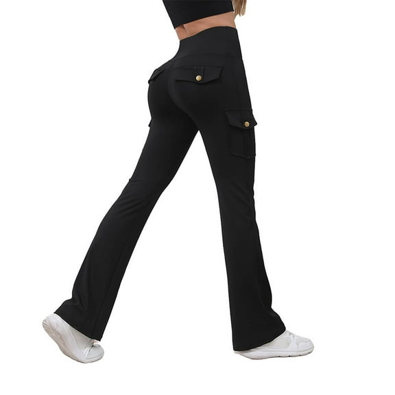 oqasdz Womens Leggings Workout Flare Leg Cargo Pants with Pockets High Waisted Sports Gym Yoga Pants L