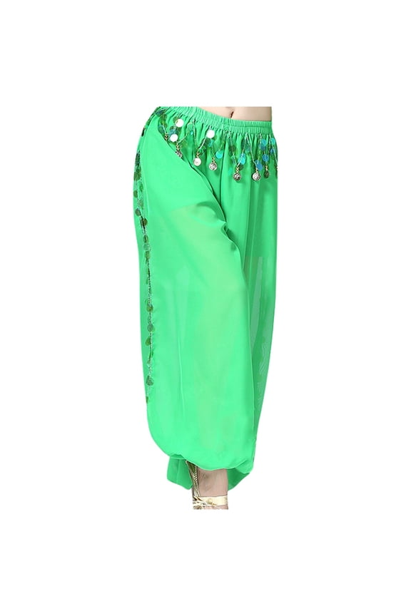 Womens Pants Stylish Belly Dance Chiffon Split Solid Color Wide Leg Dancewear Breathable Thin Loose Sequined Pants