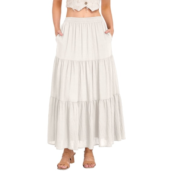 oqasdz Womens Skirts Summer Casual Elegant Smock Three Layered Tiered Maxi Skirt High Waisted A Line Flowy Long Skirts with Pockets