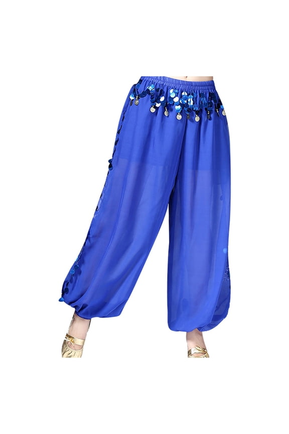 Womens Stylish Sequined Belly Dance Pants Chiffon Split Wide Leg Solid Color Loose Soft Pants Performance Stretch Streetwear