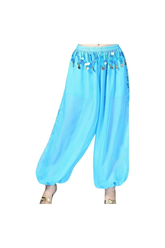 Womens Stylish Sequined Belly Dance Pants Chiffon Split Wide Leg Solid Color Loose Soft Pants Performance Stretch Summer Dailywear