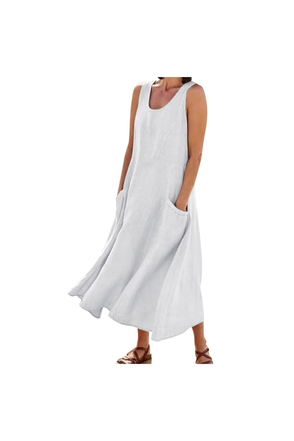 Womens Summer Dresses V Neck Casual Sleeveless Round Neck Comfortable Fashion Sundress with Pocket,4X