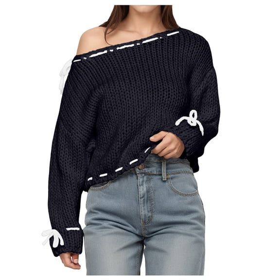 oqasdz Womens Sweater Cute Long Sleeve Off The Shoulder Knit Hollow Pullover Sweaters Fashion Elegant Outwear Casual Comfort Soft