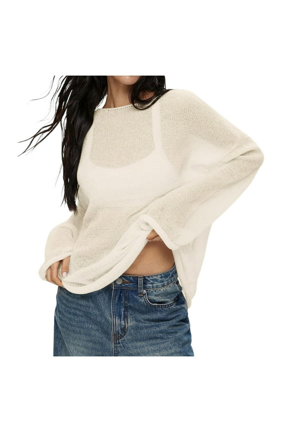 Womens Sweater Oversized Long Sleeve Sheer Mesh Knitted Sweaters Tops Summer Pullover Shirt Beachwear Casual Loose Fit